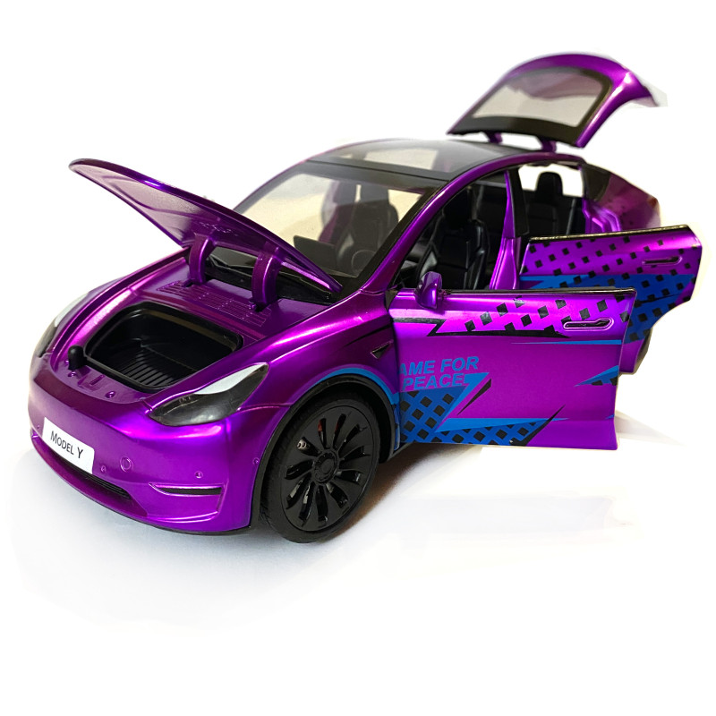 Машинка металева Tesla Model Y Electrocar Тесла Модель Y Електрокар фіолетова 1:24 зарядна станція звук світло відч двері капот багажник гум колеса 18*6*8см (AP-2002)