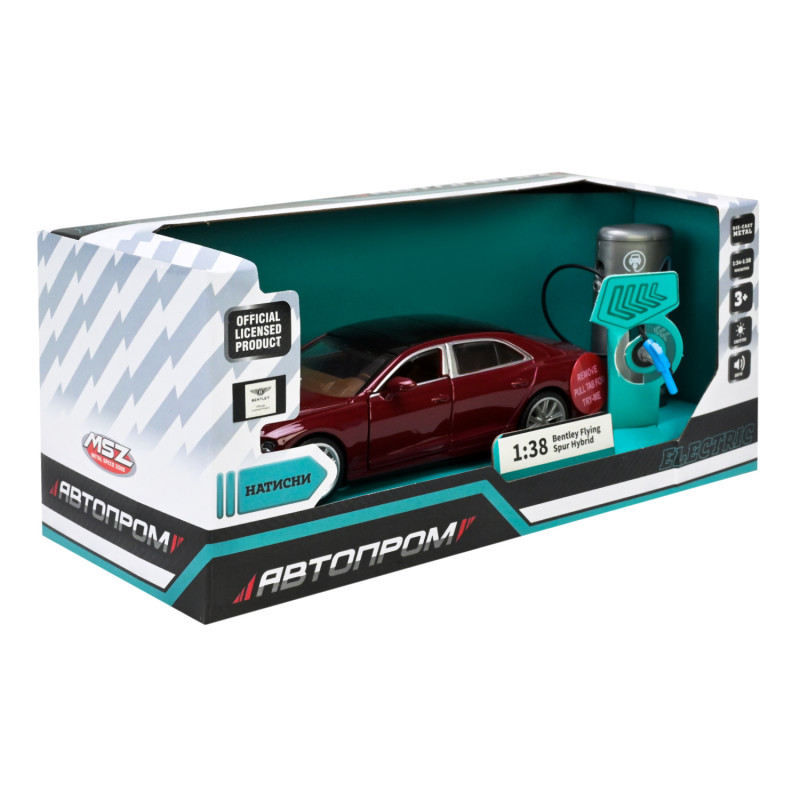 Машинка металлическая Bentley Flying Spur Hybrid красная зарядная станция Автопром 1:38 свет звук 14*5,5*4 см (68718R)