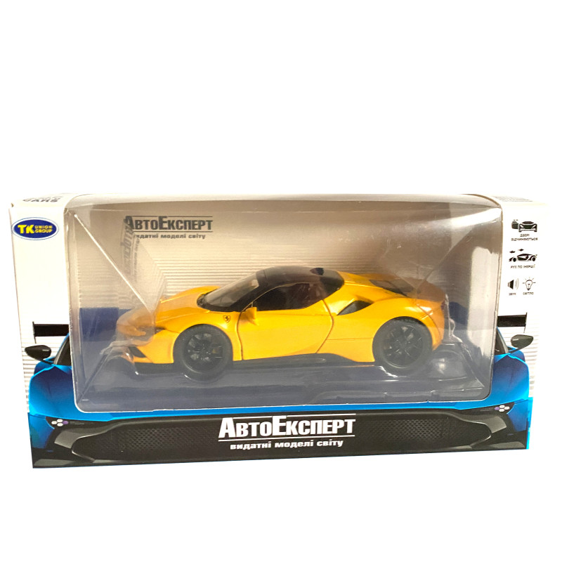 Іграшкова машинка металева Ferrari, Феррарі, жовта, звук, світло, інерція, откр двері, капот, Автоексперт, 1:32,14,5*7*4см (ТК-19002)