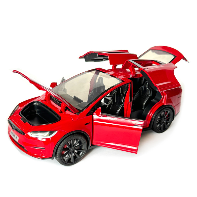 Машинка металева Tesla Model X Electrocar Тесла Модель X Електрокар червона 1:24 зарядна станція звук світло відч двері капот багажник гум колеса 18*6*8см (AP7712)