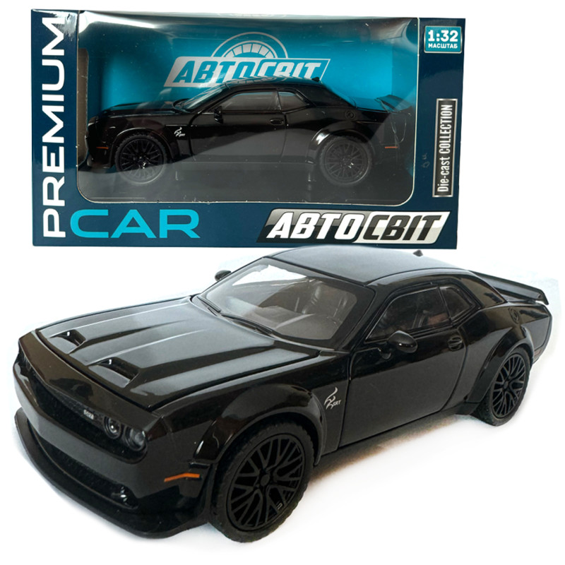 Машинка металева Dodge Challenger SRT Додж чорний звук світло відкр двері багажник капот Автосвіт 1:32, 16*7*5 см (AP-1992)