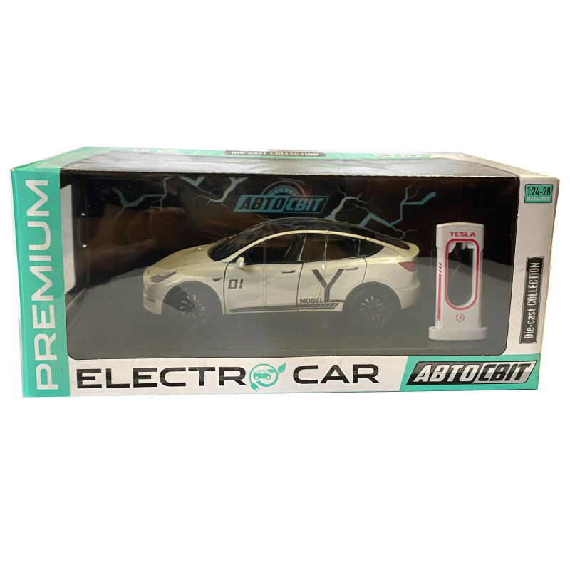 Машинка металева Tesla Model Y Electrocar Тесла Модель Y Електрокар біла 1:24 зарядна станція звук світло відч двері капот багажник гум колеса 18*6*8см (AP-2002)