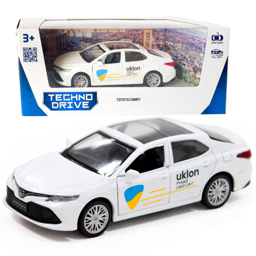 Машинка металева Toyota Camry Uklon, Тойота Кемрі Уклон, білий, таксі, відкриваються двері, 5*11*3см (250291)