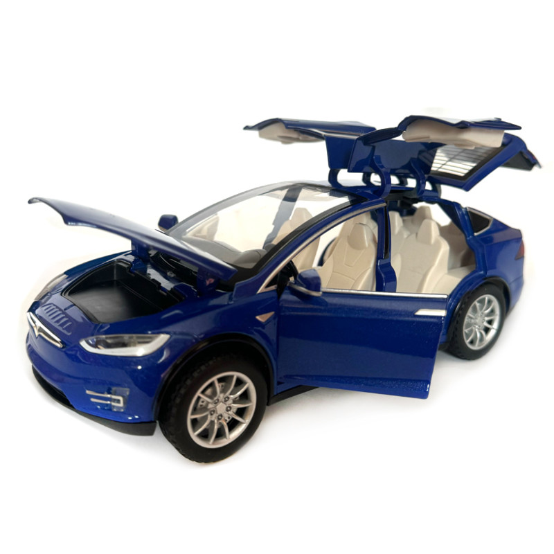 Машинка металева Tesla Model x 90D Тесла синя 1:24 світло звук відкриваються двері баг капот резинові колеса 21*7*10 см (AP-2048)
