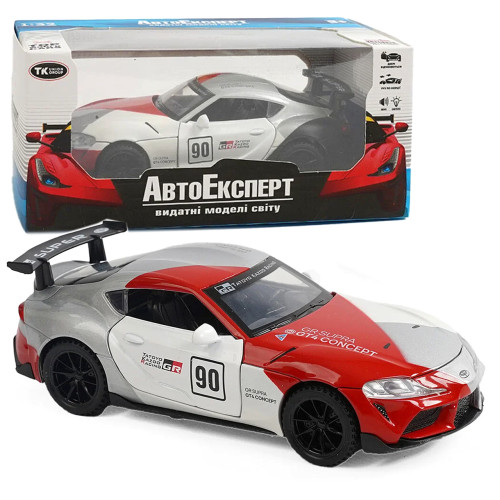 Машинка Toyota GR Supra GT4 Concept біло-червона Тойота 1:32 світло звук інерція відч двері баг капот 15*7*4,5см (21423)