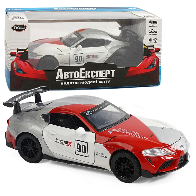 Машинка Toyota GR Supra GT4 Concept біло-червона Тойота 1:32 світло звук інерція відч двері баг капот 15*7*4,5см (21423)