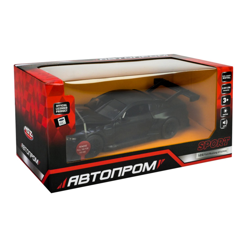 Машинка металева Ford Mustang GT3 чорна 1:24 відкриваються двері капот 20,5*8,5*5 см (661293)