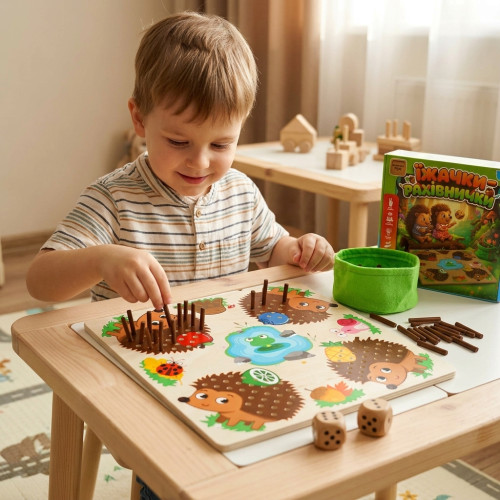 Дерев`яна настільна гра Їжачки-рахівнички WToys ігрова платформа з отворами 2 кубики мішечок палички (36693)