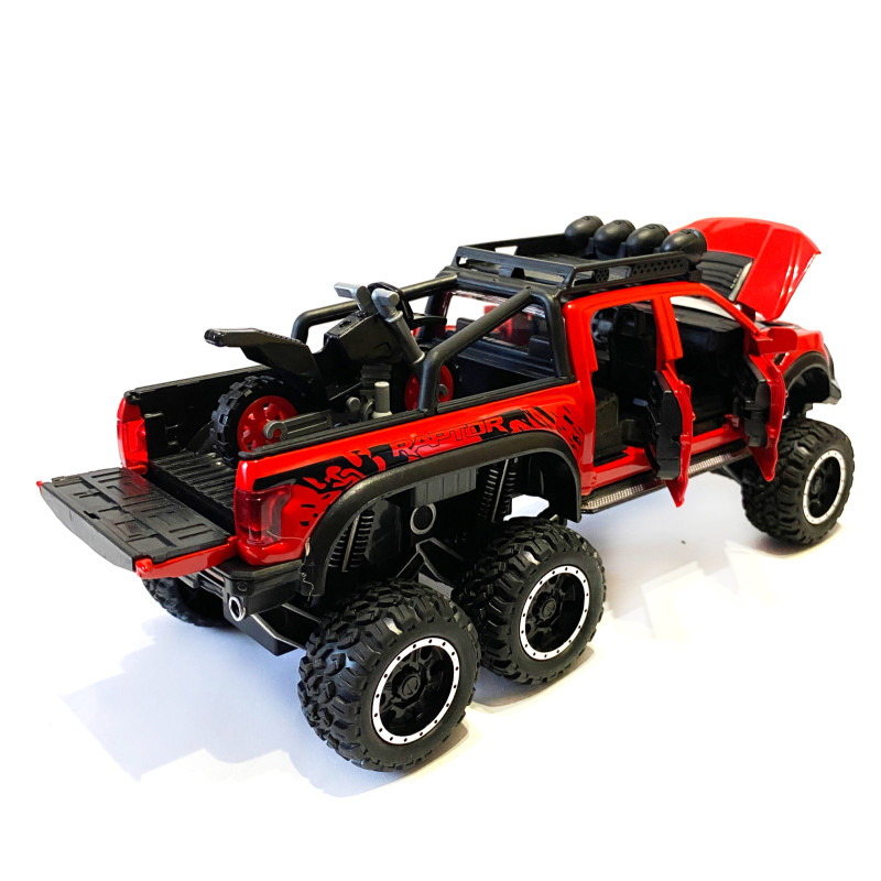 Машинка металева дитяча Ford Raptor з мотоциклом позашляховик, червоний, Автоексперт, 1:24, світло, інерція, відкриваються двері, багажник, капот, 21*9*9см (GT-02291/8762)