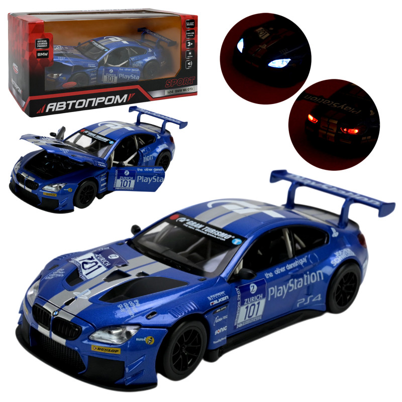 Машинка металева BMW M6 GT3 синя 1:24 світло звук відкр двері капот 20,5*8,5*5,5 см (68255B)