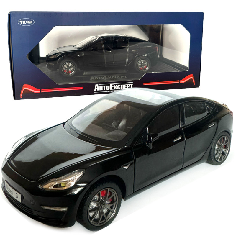 Машинка металева Tesla Model 3 Тесла чорна 1:24 звук світло інерція відкр двері багажник капот гумові колеса 20,5*8*7см (GT-9820)