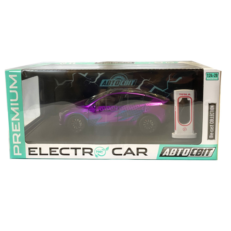 Машинка металева Tesla Model Y Electrocar Тесла Модель Y Електрокар фіолетова 1:24 зарядна станція звук світло відч двері капот багажник гум колеса 18*6*8см (AP-2002)
