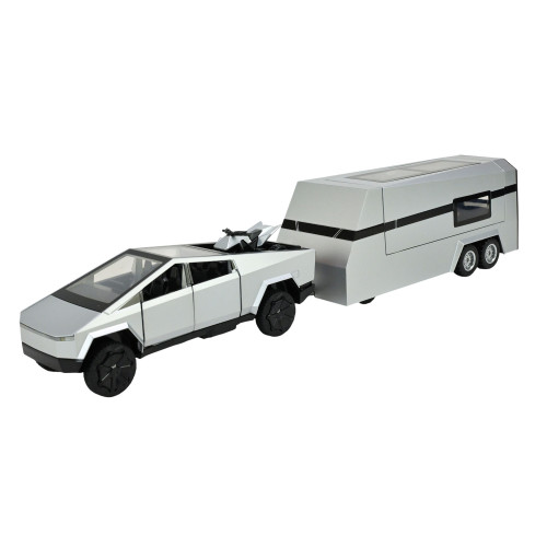Машинка метал Tesla Cybertruck з причепом і квадроциклом 1:32 срібляста світло звук 35*7*7 см (AP74227)