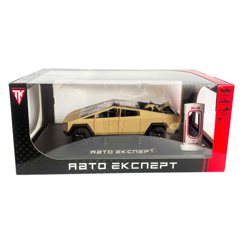 Машинка металева Tesla Cybertruck з мотоциклом золота Тесла Кібертрак 1:24 відкр двері багажник капот інерція звук світло 17,5*6,5*6,5 см (EL 86545)