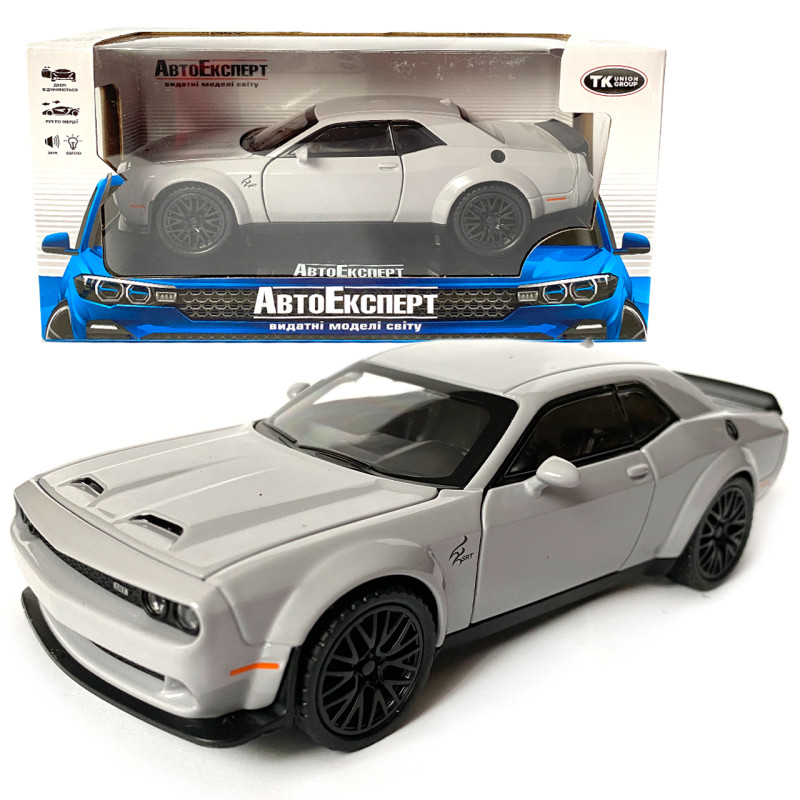 Іграшкова машинка металева Dodge Challenger SRT, Додж, сірий, звук, світло, інерція, відкр двері, багажник, капот, Автоексперт, 1:32,15*7*4,5см (50801)