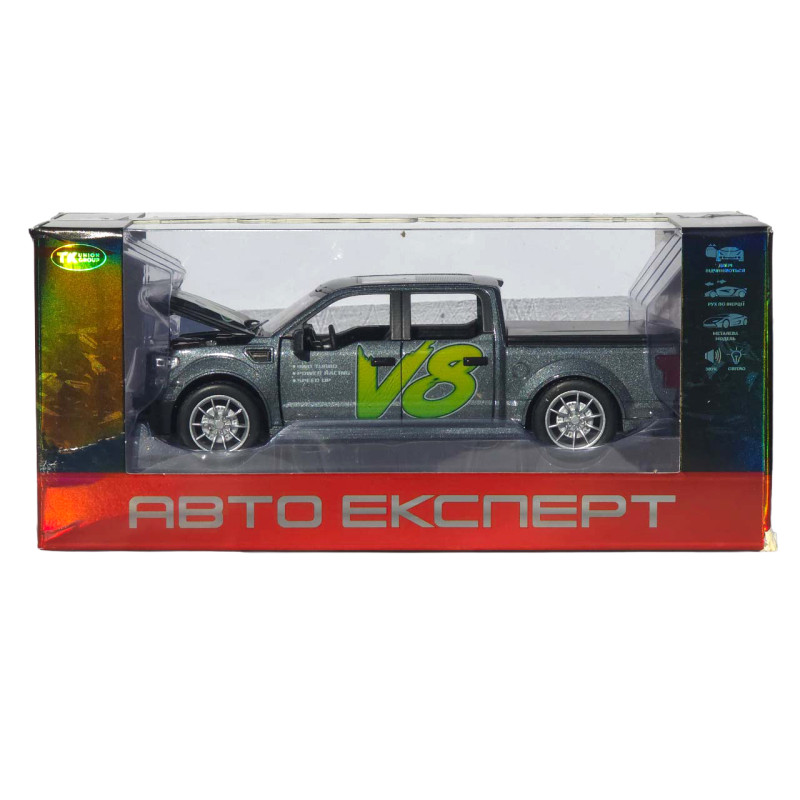 Машинка металл Ford F-150 Raptor серая 1:22 свет звук инерция откр дверь капот багажник (TX33912)
