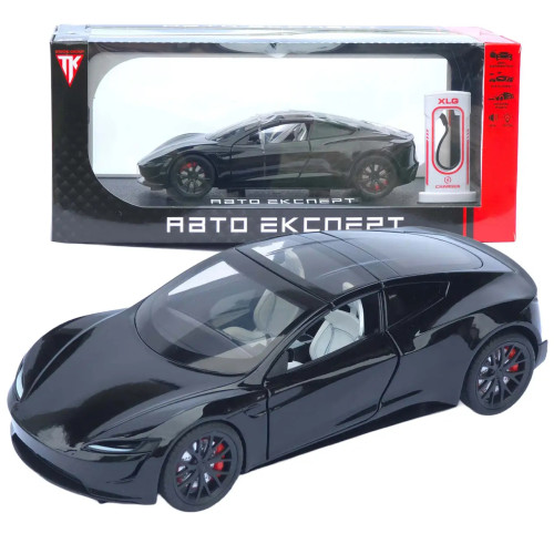 Машинка матал Tesla Roadster чорна 1:24 звук світло відкриваються двері багажник 17*6,5*4,5см (RS-03612)