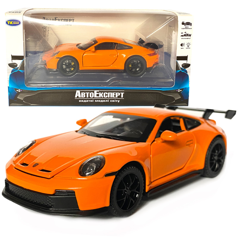 Іграшкова машинка металева Porsche 911 GT3, порше, оранджевий, звук, світло, інерція, откр двері, капот, Автоексперт, 1:32,15*7*4,5см (ТК-17610)