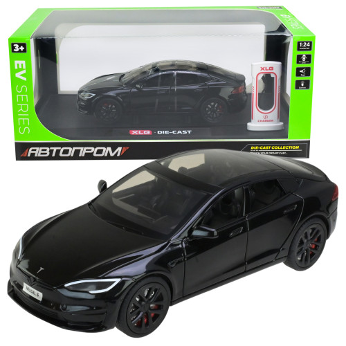 Машинка металева Tesla Model S Electrocar Тесла Модель S Електрокар чорна 1:24 зарядна станція звук світло відч двері капот багажник гум колеса 18,5*7,2*5см (AP7713)