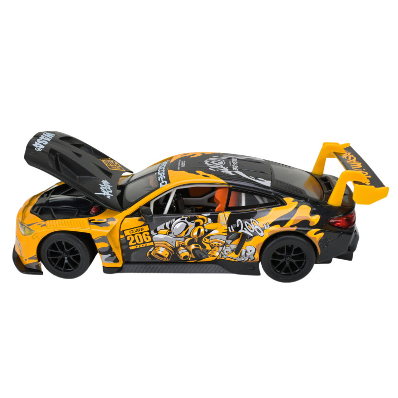 Машина металл BMW M4 GT3 WASA Design БМВ Автопром желтая 1:24 свет звук 21*8,5*5,5 см (68296A(Y))