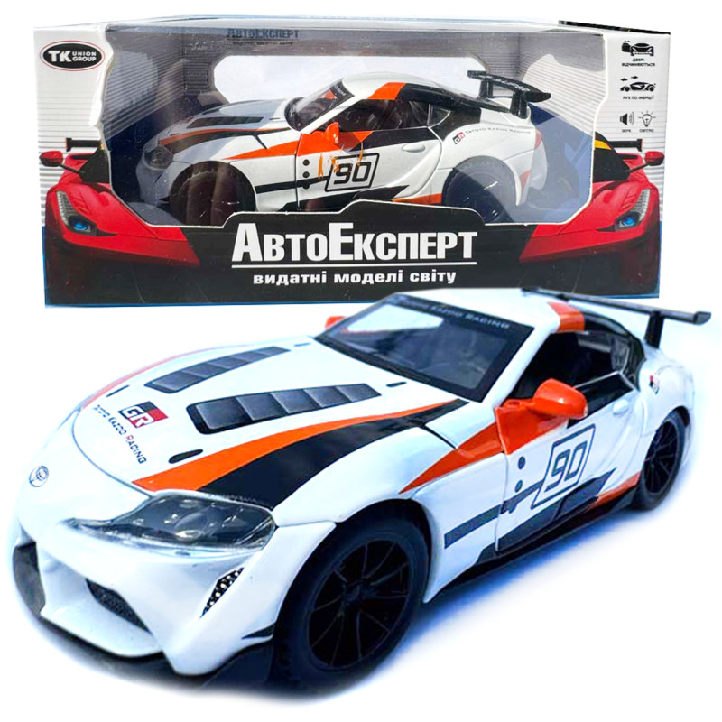Машинка Toyota GR Supra GT4 Concept біло-оранджева Тойота 1:32 світло звук інерція відч двері баг капот 15*7*4,5см (21423)