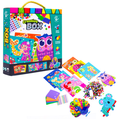 Набір для творчості "Creative Box. Сова" Vladi Toys, 9 картонних картинок, набір страз, набір м’якої мозаїки, набір помпонів, клей (VT4433-08)