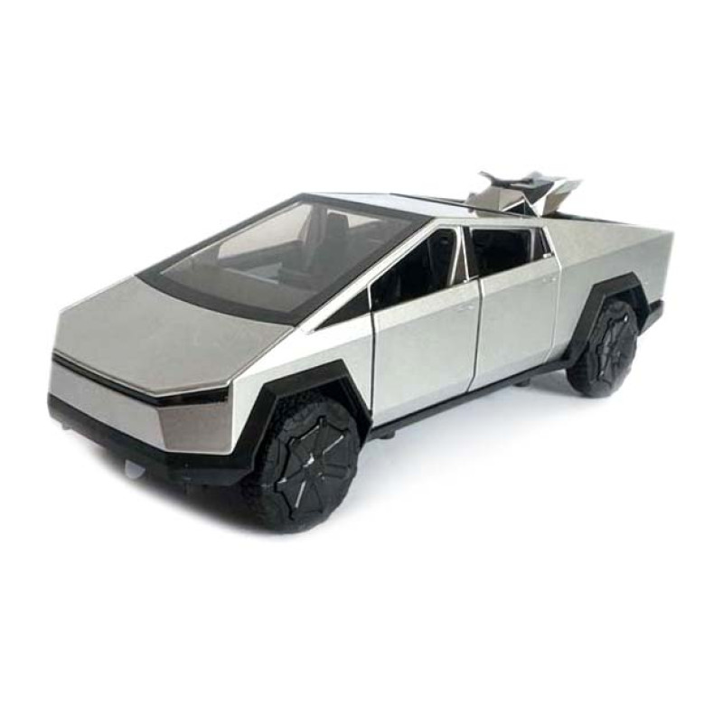 Машинка металева Tesla Cybertruck з мотоциклом срібна Тесла Кібертрак 1:24 відкр двері багажник капот інерція звук світло 17,5*6,5*6,5 см (EL 86545)