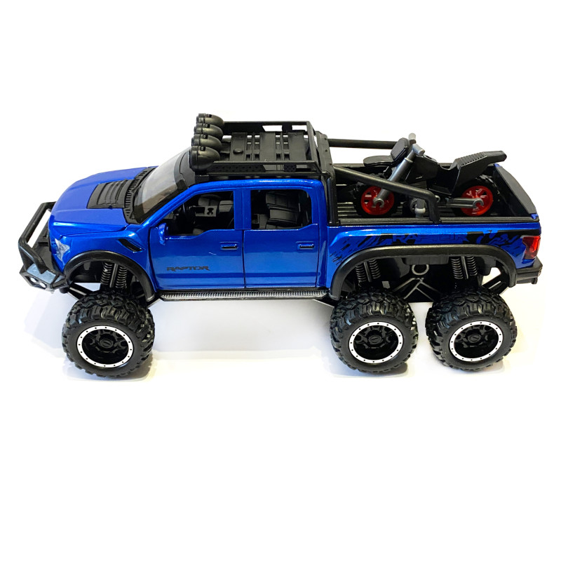 Машинка металева дитяча Ford Raptor з мотоциклом позашляховик, синій, Автоексперт, 1:24, світло, інерція, відкриваються двері, багажник, капот, 21*9*9см (GT - 02291)