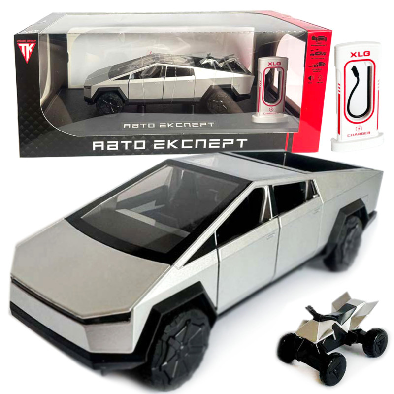 Машинка металева Tesla Cybertruck з мотоциклом срібна Тесла Кібертрак 1:24 відкр двері багажник капот інерція звук світло 17,5*6,5*6,5 см (EL 86545)