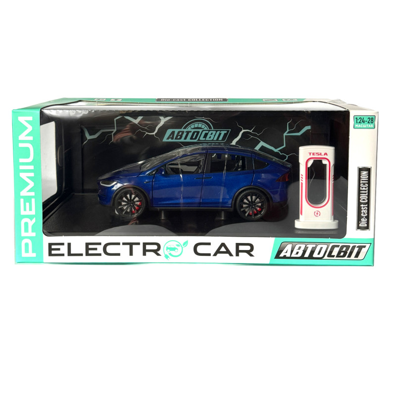 Машинка металева Tesla Model X Electrocar Тесла Модель X Електрокар синя 1:24 зарядна станція звук світло відч двері капот багажник гум колеса 18*6*8см (AP-2004)