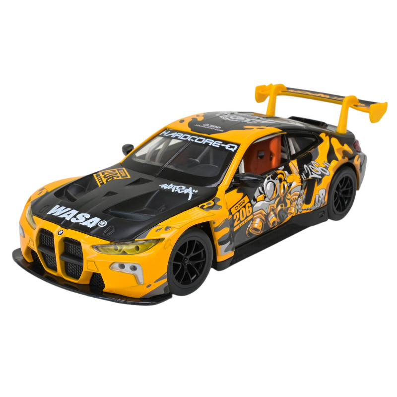 Машина металл BMW M4 GT3 WASA Design БМВ Автопром желтая 1:24 свет звук 21*8,5*5,5 см (68296A(Y))
