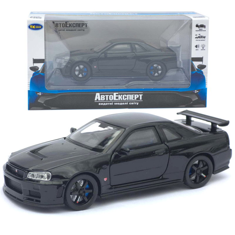 Машинка металл Nissan Skyline GT-R черная 1:32 свет звук инерция открыв двери капот багаж (TK-13306)