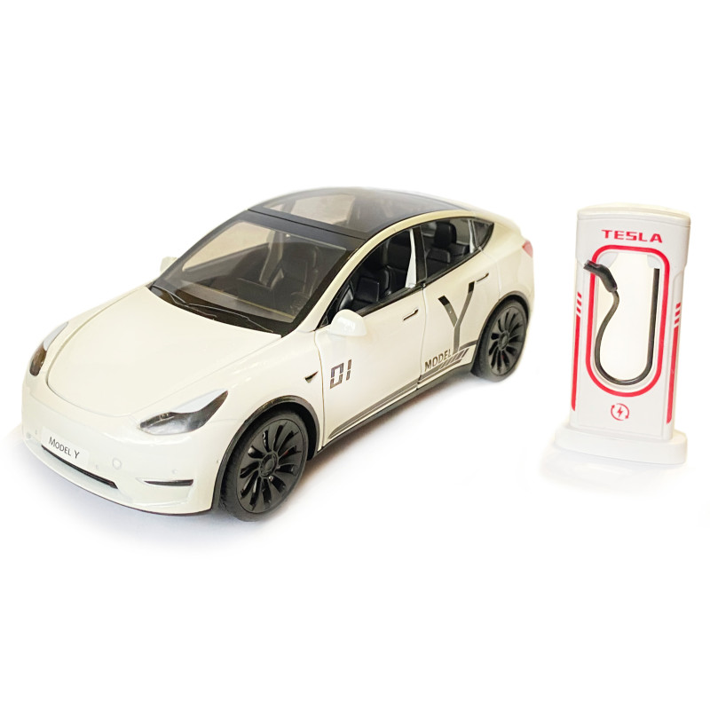Машинка металева Tesla Model Y Electrocar Тесла Модель Y Електрокар біла 1:24 зарядна станція звук світло відч двері капот багажник гум колеса 18*6*8см (AP-2002)