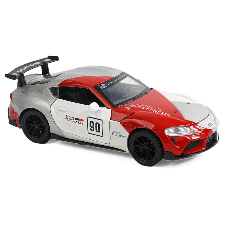 Машинка Toyota GR Supra GT4 Concept біло-червона Тойота 1:32 світло звук інерція відч двері баг капот 15*7*4,5см (21423)