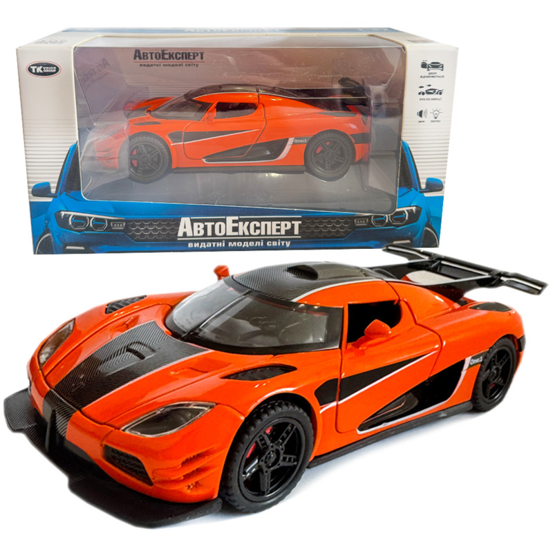 Машинка металева гіперкар Koenigsegg Agera 1:32 оранжева звук світло інерція відкр двері баг капот 16*7*4см (DL-69005)