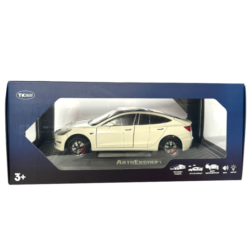 Машинка металева Tesla Model 3 Тесла біла 1:24 звук світло інерція відкр двері багажник капот гумові колеса 20,5*8*7см (GT-9820)