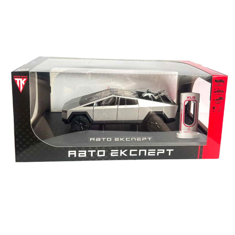 Машинка металева Tesla Cybertruck з мотоциклом срібна Тесла Кібертрак 1:24 відкр двері багажник капот інерція звук світло 17,5*6,5*6,5 см (EL 86545)