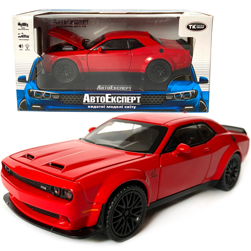 Іграшкова машинка металева Dodge Challenger SRT, Додж, червоний, звук, світло, інерція, відкр двері, багажник, капот, Автоексперт, 1:32,15*7*4,5см (50801)