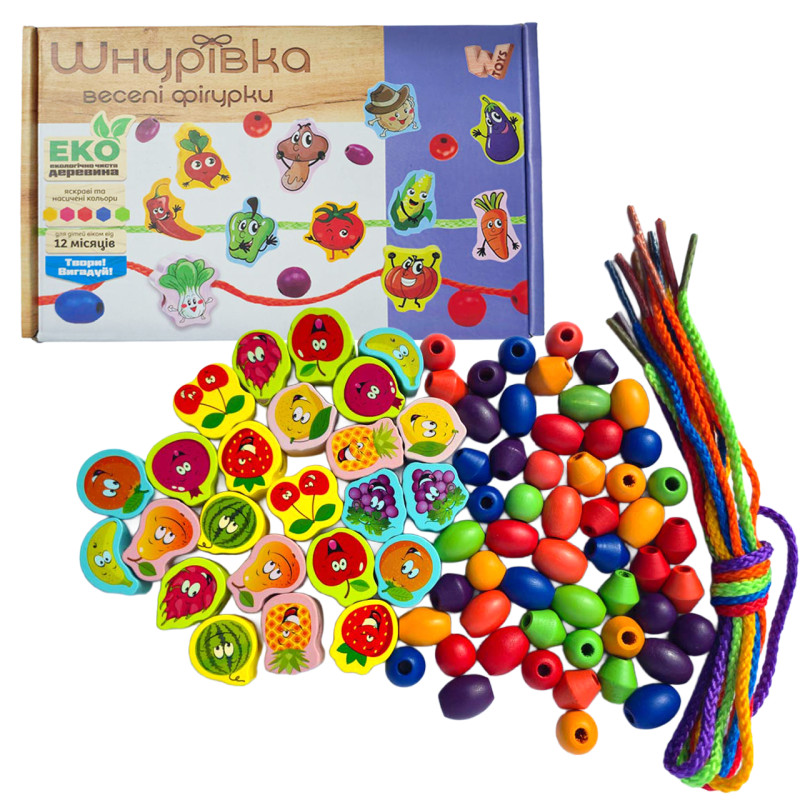 Розвиваюча іграшка дерев'яна шнурівка WToys намистинки фігурки фруктів (63732)