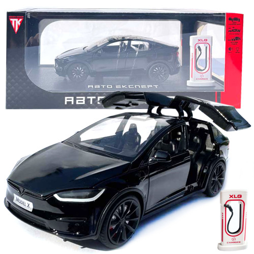 Машинка метал Tesla model X електрокар чорна Тесла 1:24 відкр двері баг капот звук світло 17,5*7,5*5,5см (EL 97188)