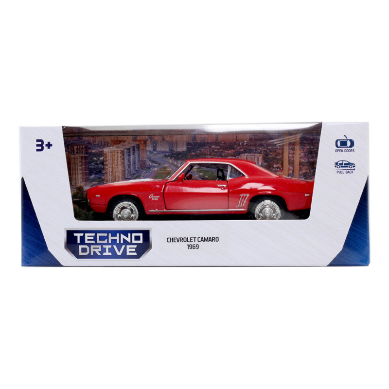 Іграшкова машинка металева Chevrolet Camaro 1969, шевроле камаро, червоний, відкр двері, інерція, 5*13*4см, 1:32 (250336U)