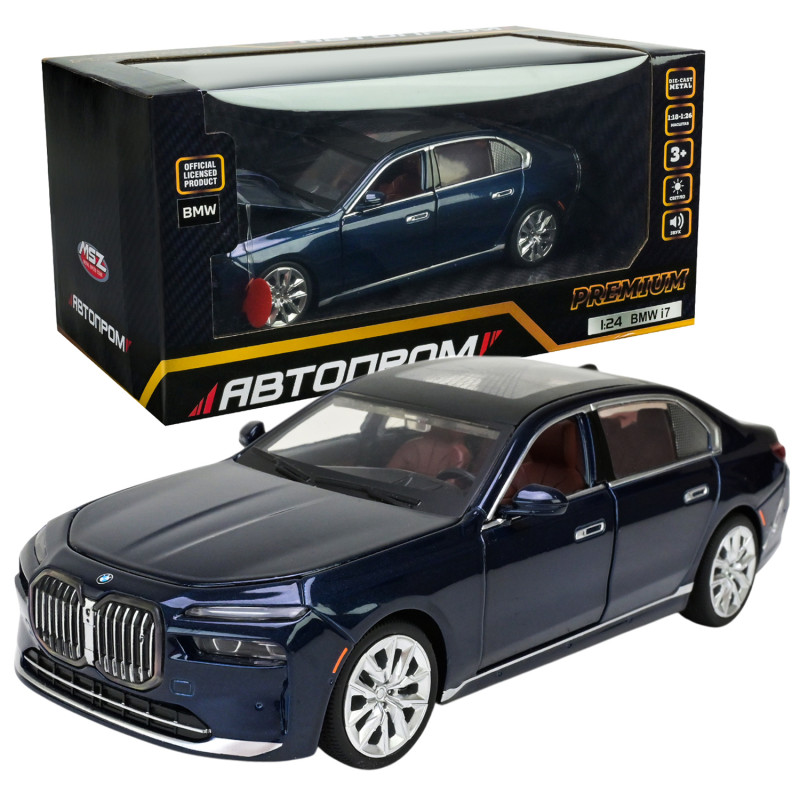 Машина метал BMW I7 БМВ синя 1:24 світло звук 22*6*8см (68288A(B)