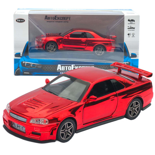 Машинка метал Nissan Skyline GT-R (R34) АвтоЕксперт червона хром 1:32 звук світло інерція (ТК-9360)