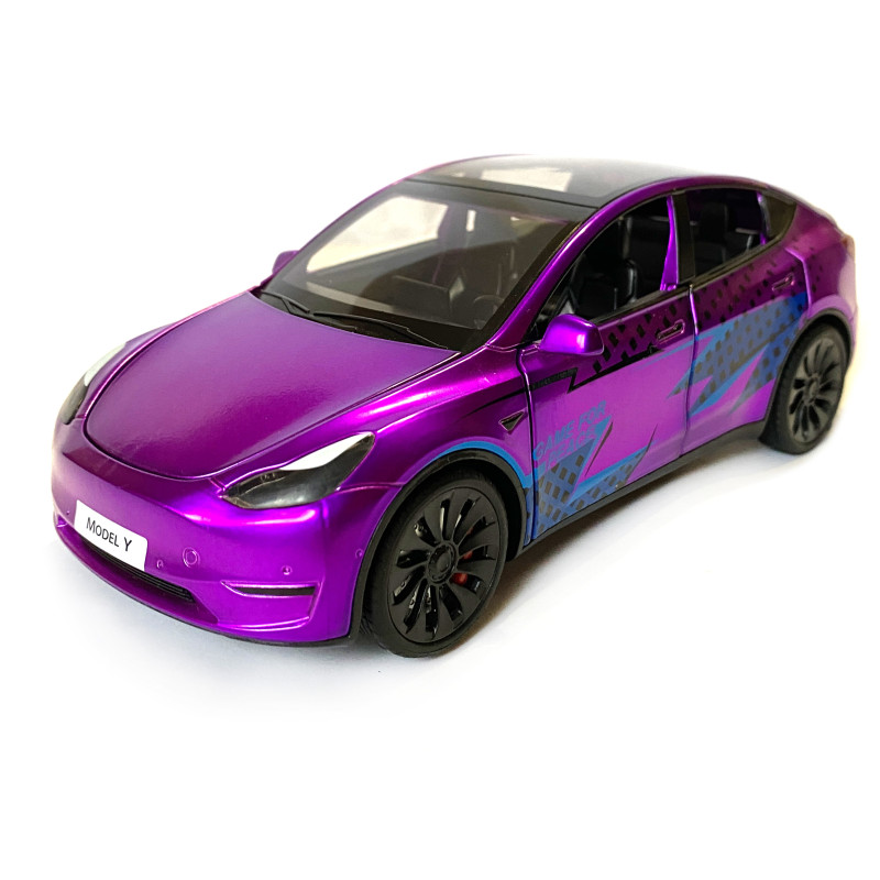 Машинка металева Tesla Model Y Electrocar Тесла Модель Y Електрокар фіолетова 1:24 зарядна станція звук світло відч двері капот багажник гум колеса 18*6*8см (AP-2002)