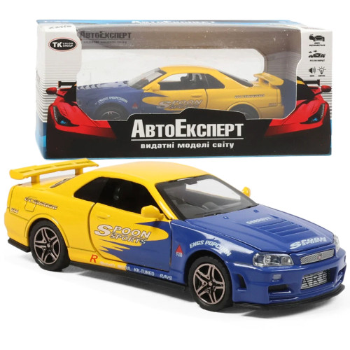 Машинка металева Nissan Skyline GT-R R34 Автоексперт жовто-синя 1:32 світло звук відкр двері (60822)