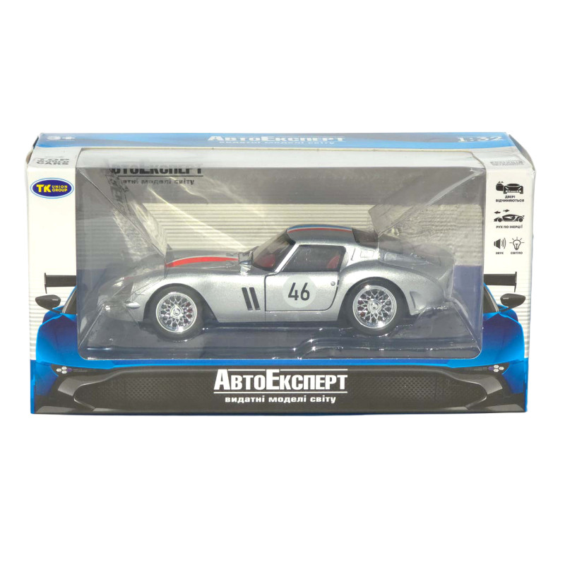 Машинка металл Ferrari 250 GTO серебристая 1:32 свет звук инерция откр дверь капот багажник (TK-42580)