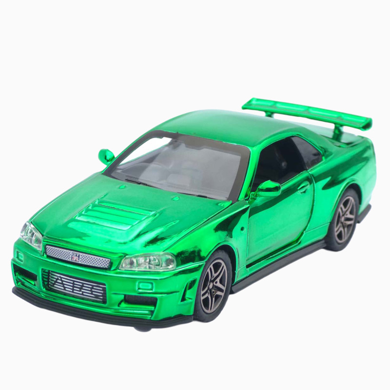Машинка метал Nissan Skyline GT-R (R34) АвтоЕксперт зелена хром 1:32 звук світло інерція (ТК-9360)
