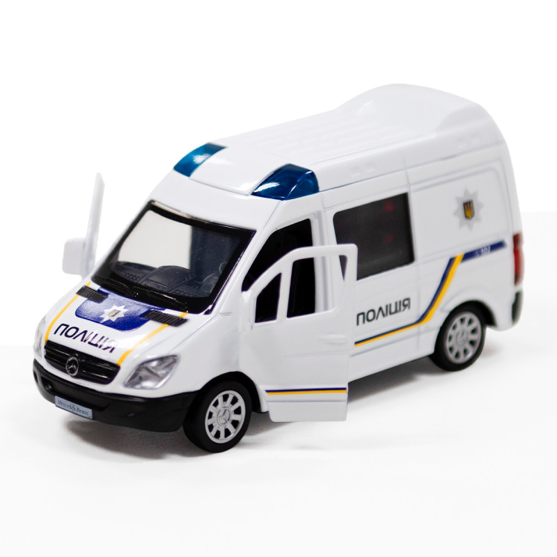 Машинка металева дитяча Mercedes-Benz Sprinter Поліція, біла, відкриваються двері, 4*11*5см ( 250294)