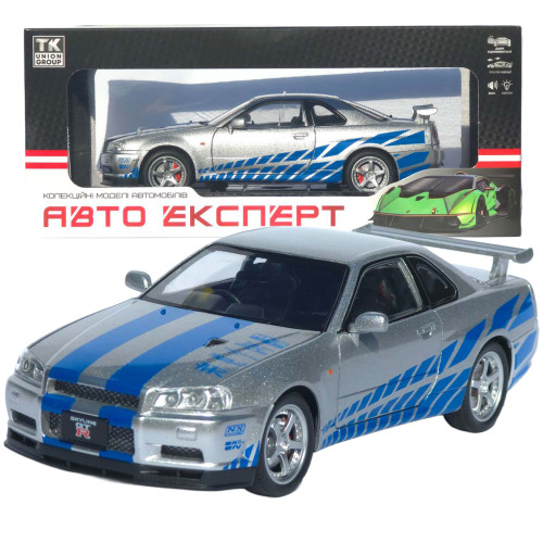 Машинка метал Nissan Skyline GT-R АвтоЕксперт срібляста 1:24 звук світло відкр двері капот багажник (1990-21)