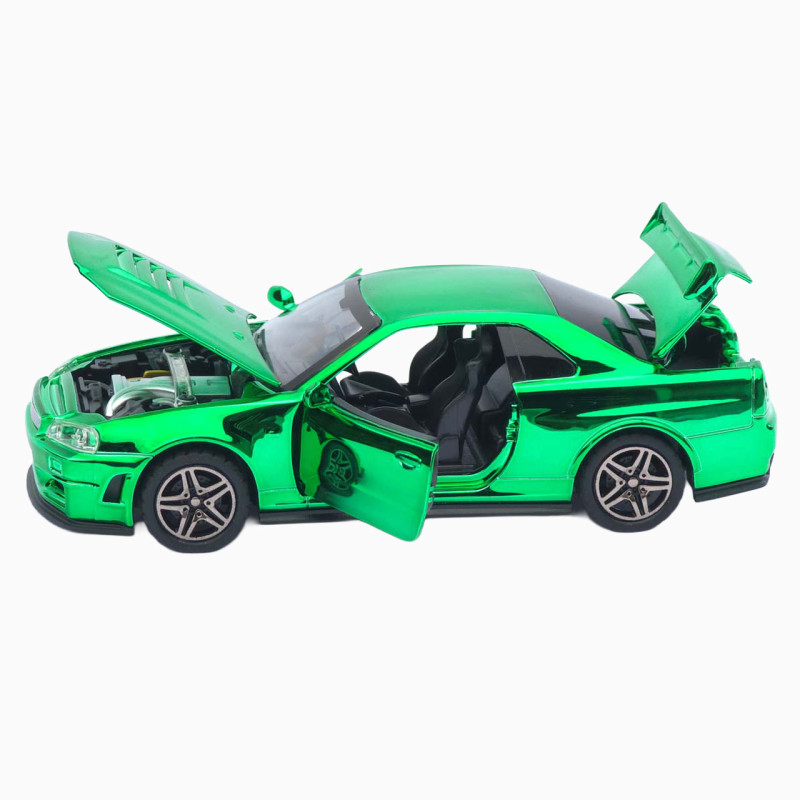 Машинка метал Nissan Skyline GT-R (R34) АвтоЕксперт зелена хром 1:32 звук світло інерція (ТК-9360)